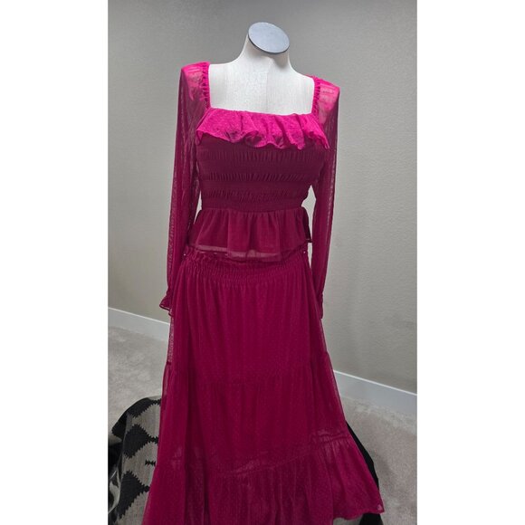 LC Lauren Conrad Womens Hot Pink Square Neck Smocked Maxi Skirt and With Ruffle - Picture 1 of 9